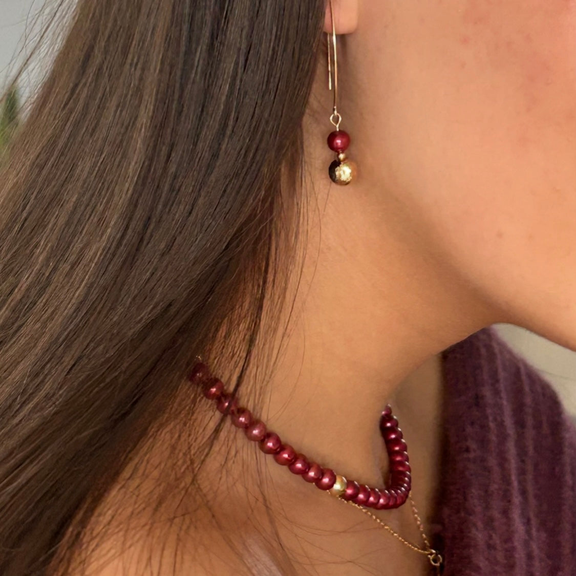 Hammered Gold Burgundy Pearl Earrings