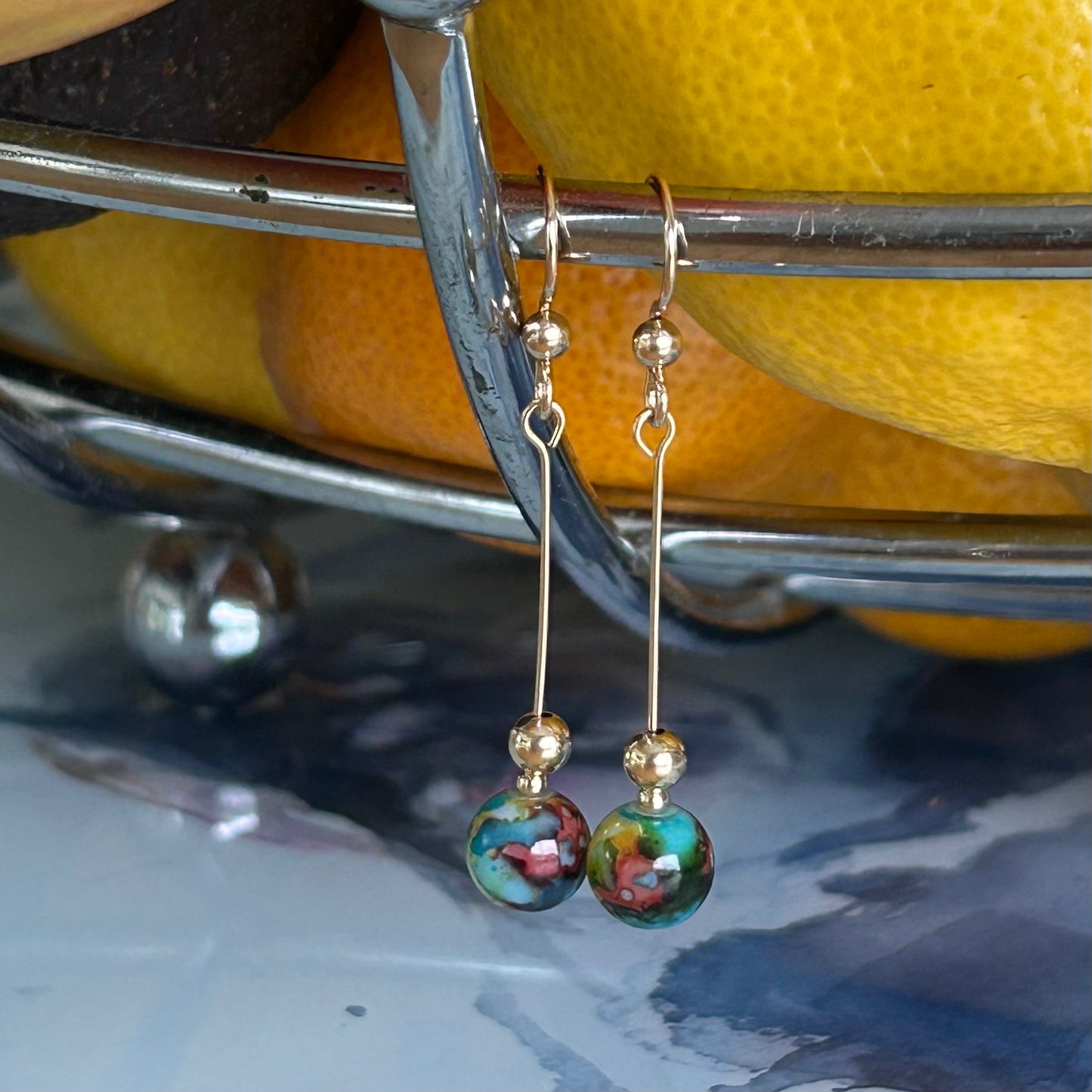 Painted bead Gold Fill earrings.