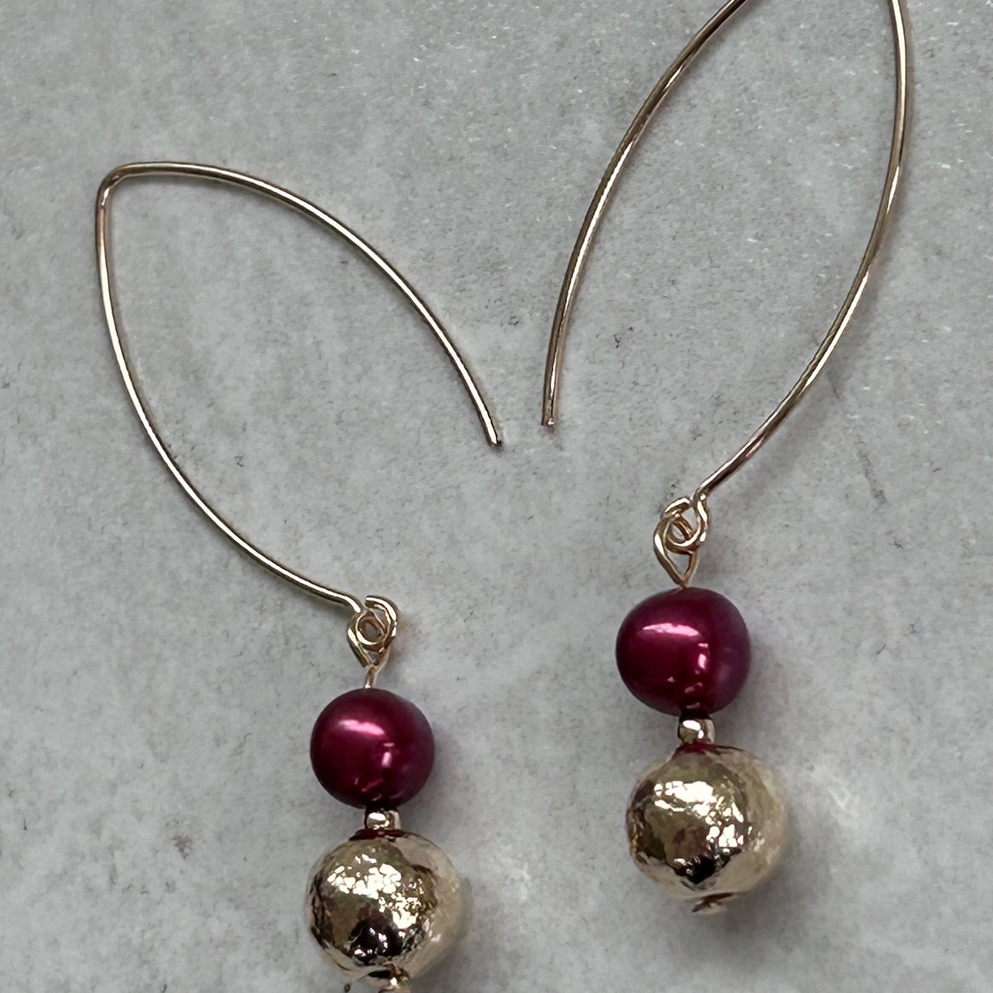Hammered Gold Burgundy Pearl Earrings