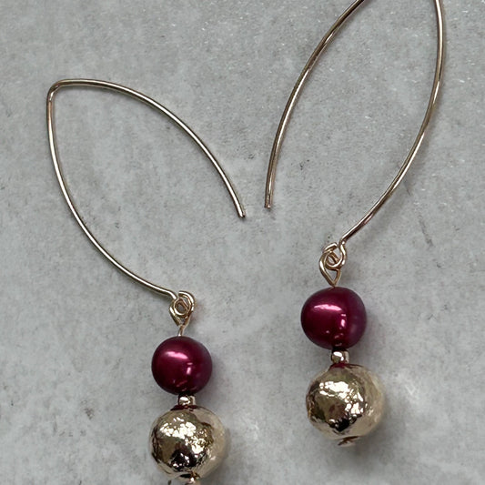 Hammered Gold Burgundy Pearl Earrings