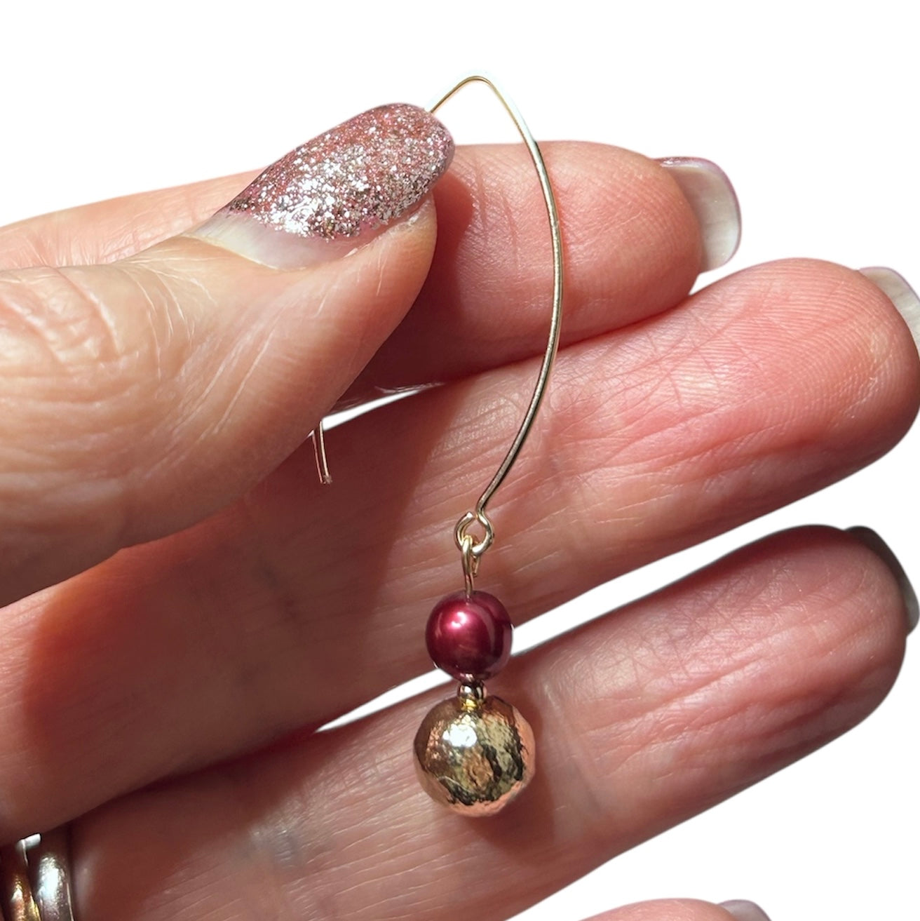 Hammered Gold Burgundy Pearl Earrings
