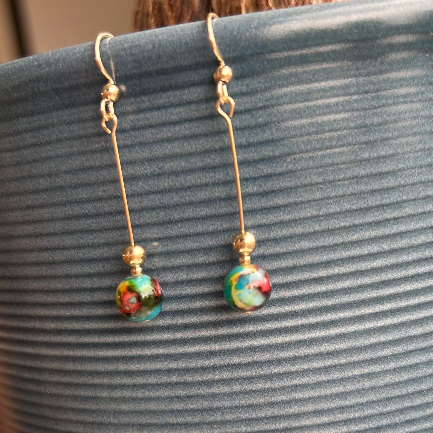 Painted bead Gold Fill earrings.