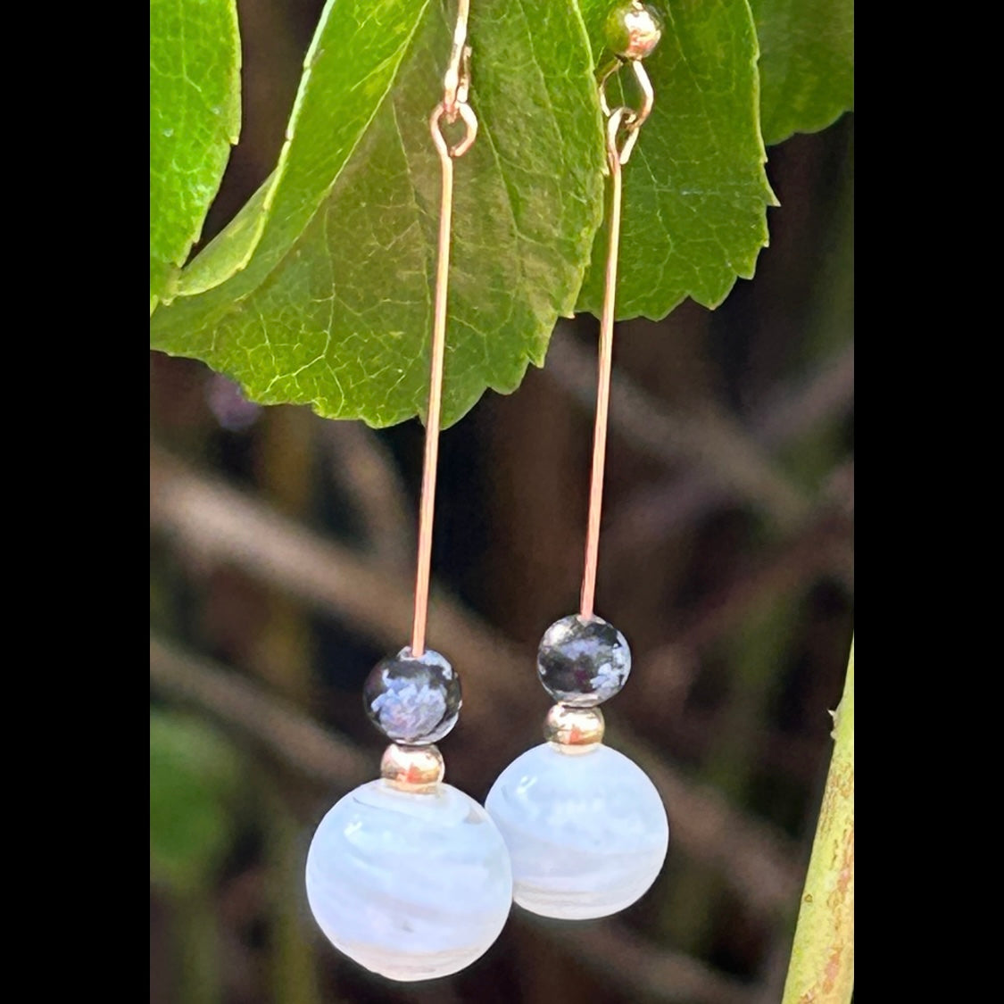 Snowflake Obsidian Gemstone Long Earrings