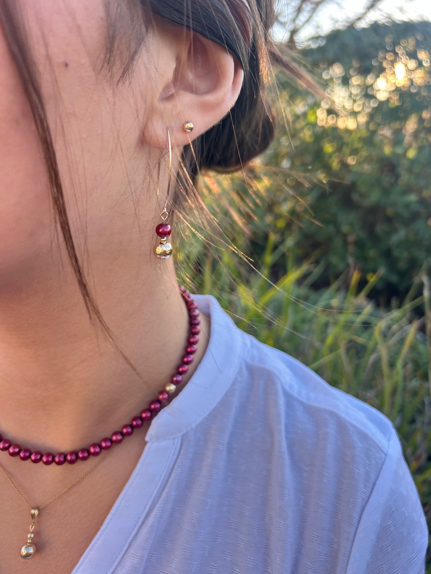 Hammered Gold Burgundy Pearl Earrings
