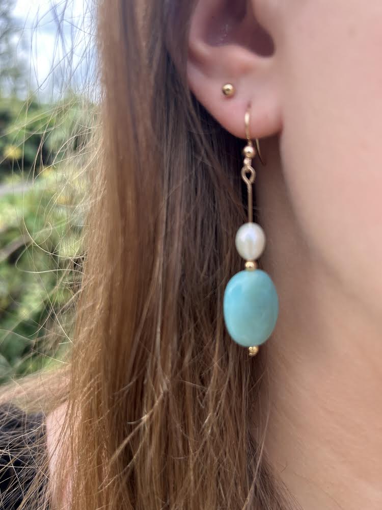 Sea blue and fresh water pearl earrings