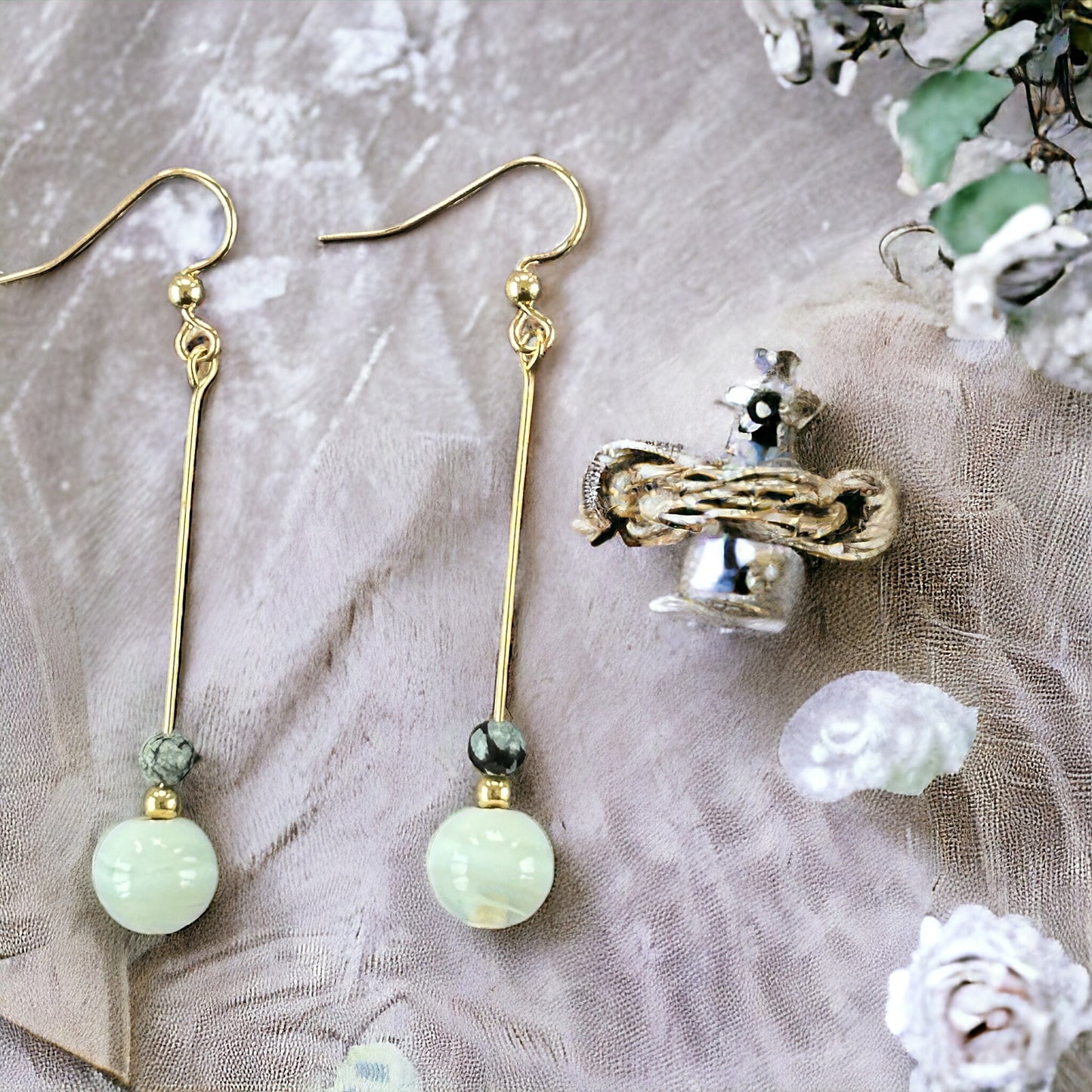 Snowflake Obsidian Gemstone Long Earrings