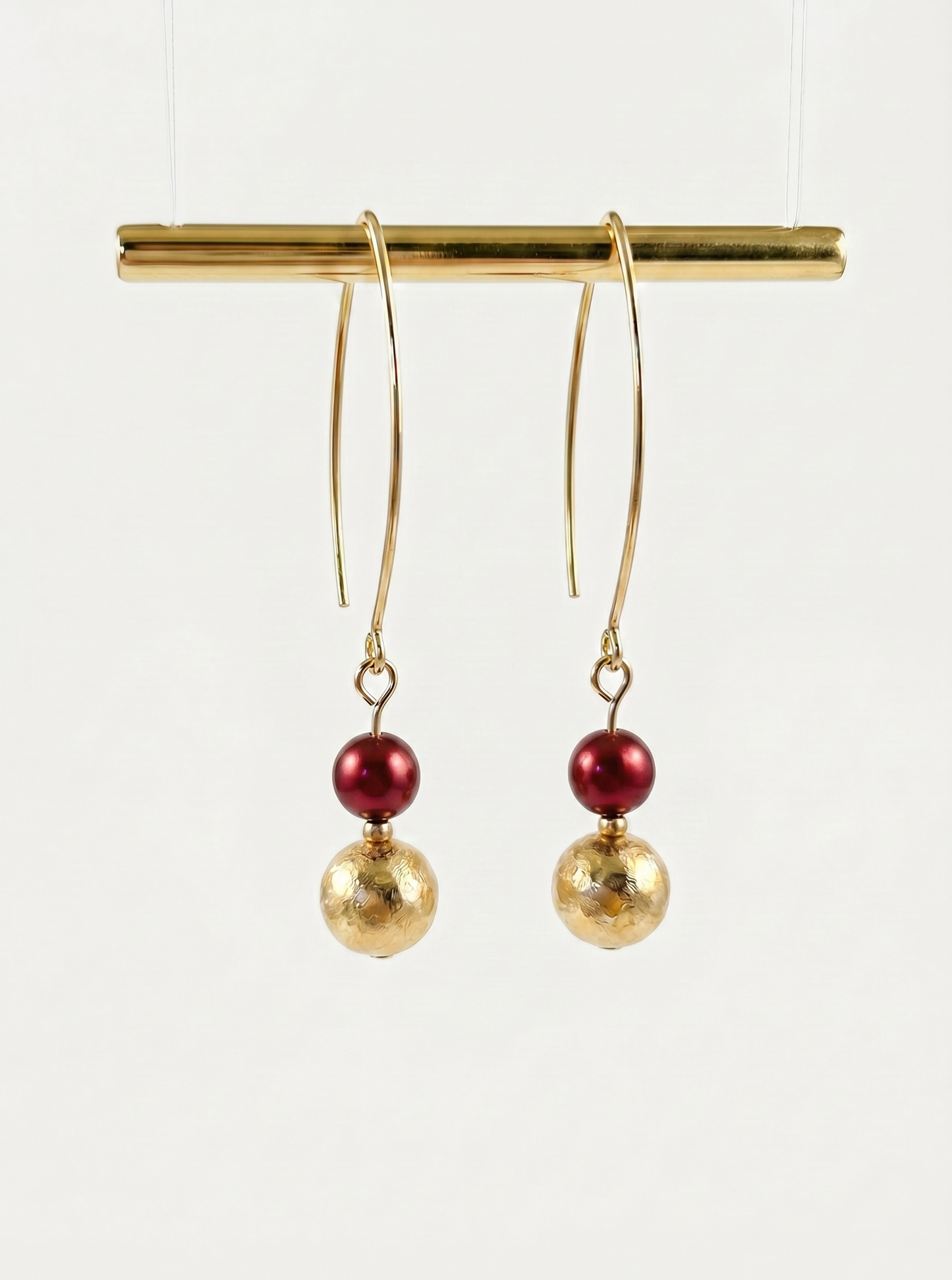 Hammered Gold Burgundy Pearl Earrings