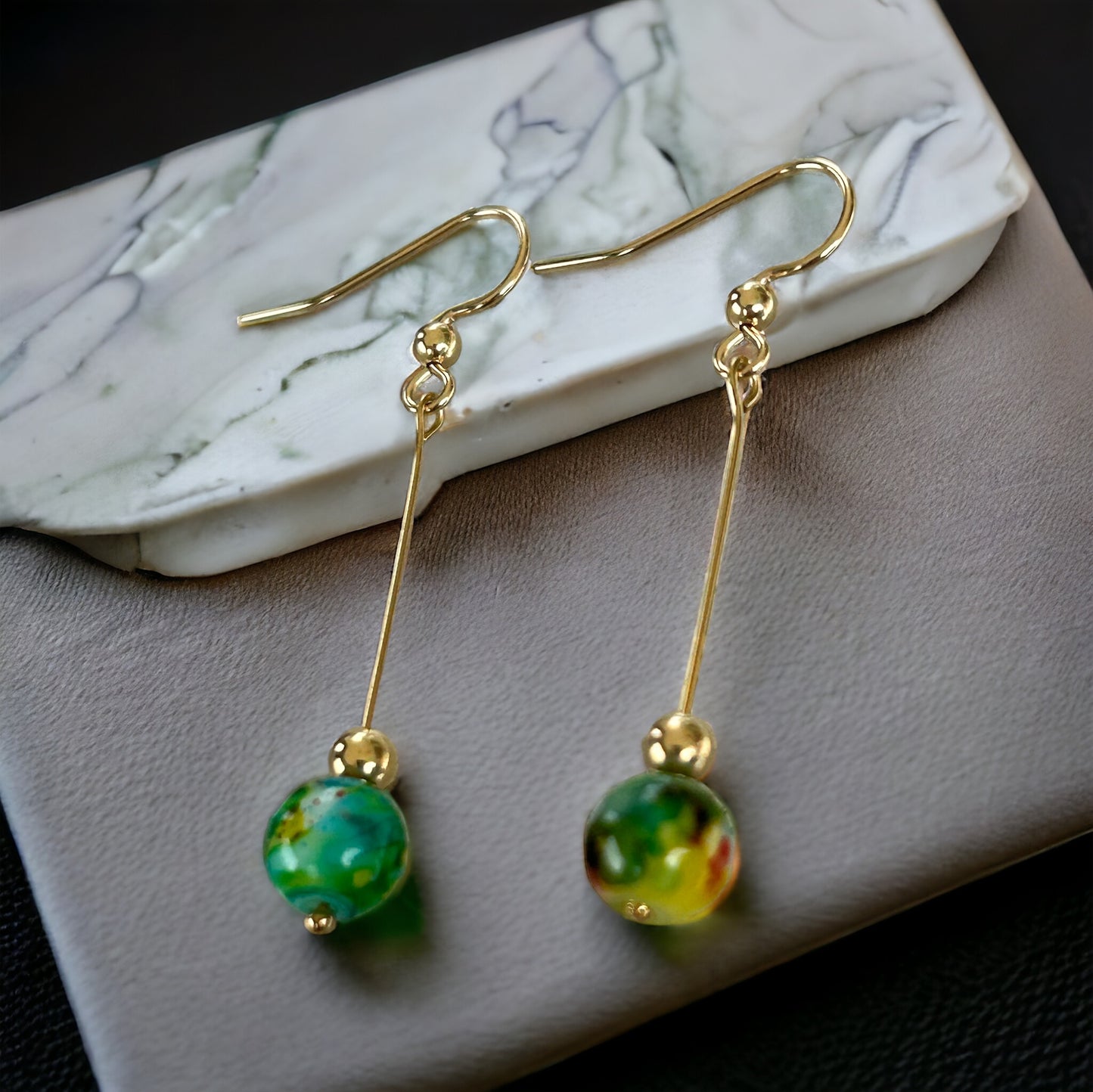 Painted bead Gold Fill earrings.