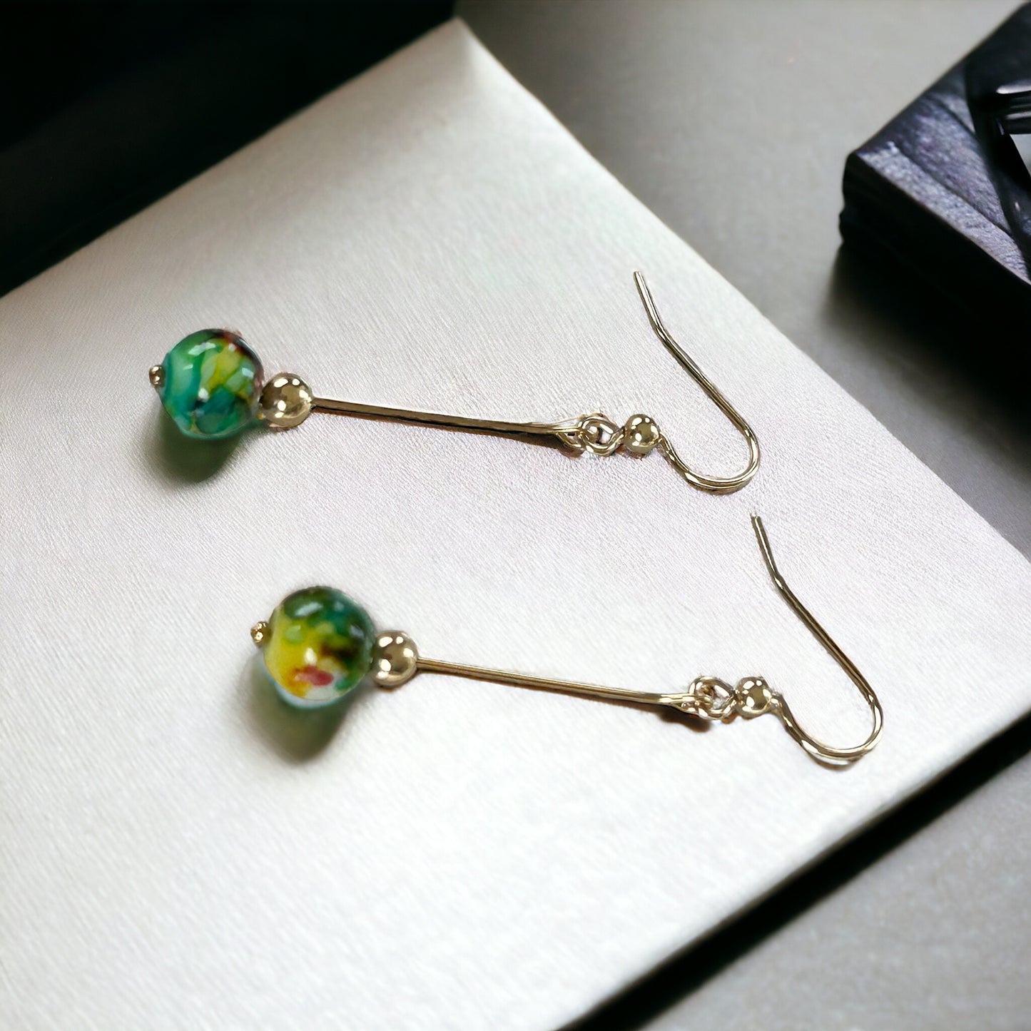 Painted bead Gold Fill earrings.
